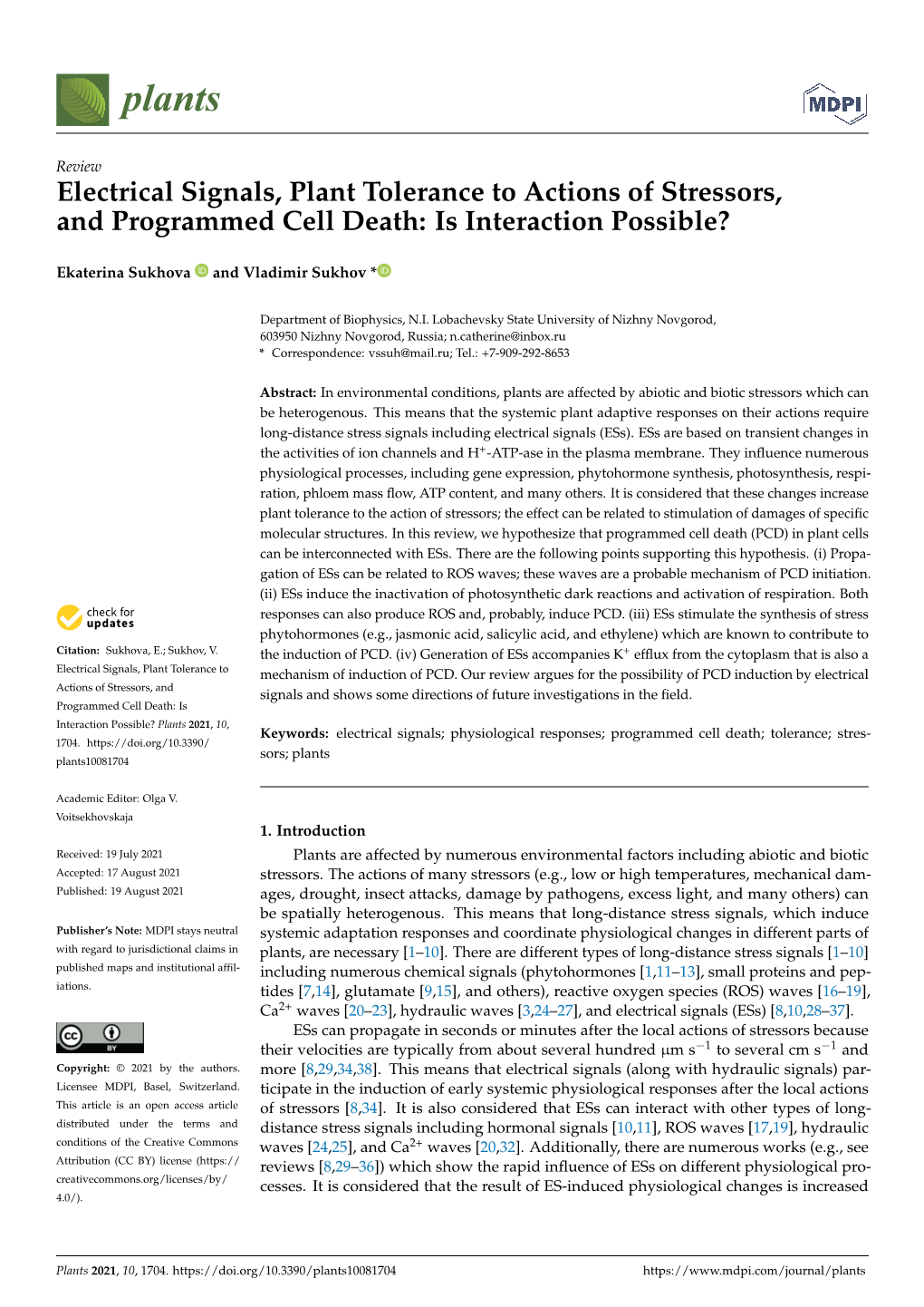 Electrical Signals, Plant Tolerance to Actions of Stressors, and Programmed Cell Death: Is Interaction Possible?