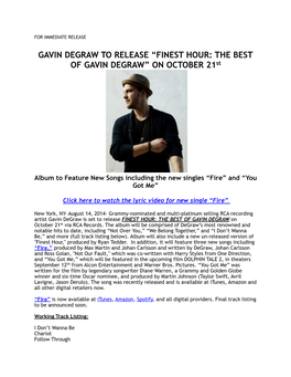 Finest Hour Best of Gavin Degraw Final Press Release August 14, 2014