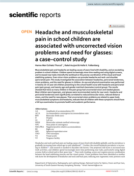 Headache and Musculoskeletal Pain in School Children Are Associated with Uncorrected Vision Problems and Need for Glasses