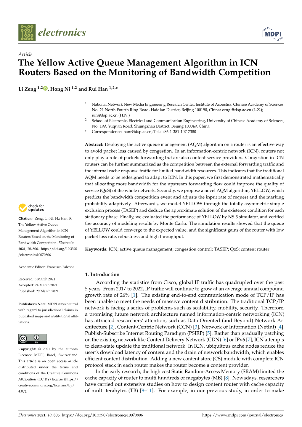 The Yellow Active Queue Management Algorithm in ICN Routers Based on the Monitoring of Bandwidth Competition