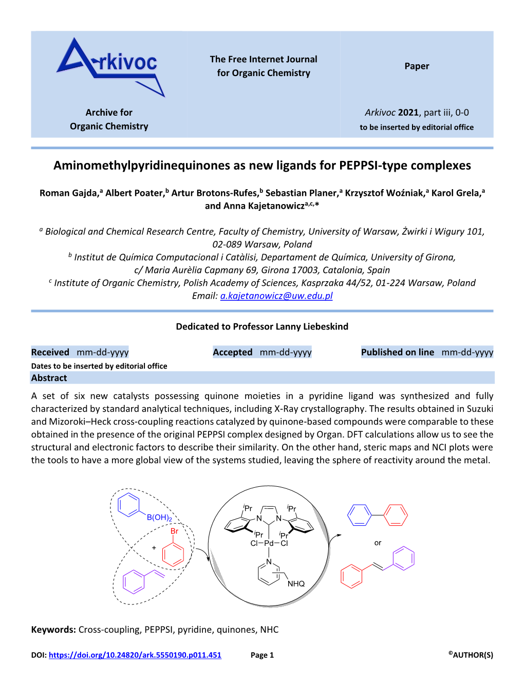 Aminomethylpyridinequinones As New Ligands for PEPPSI-Type Complexes