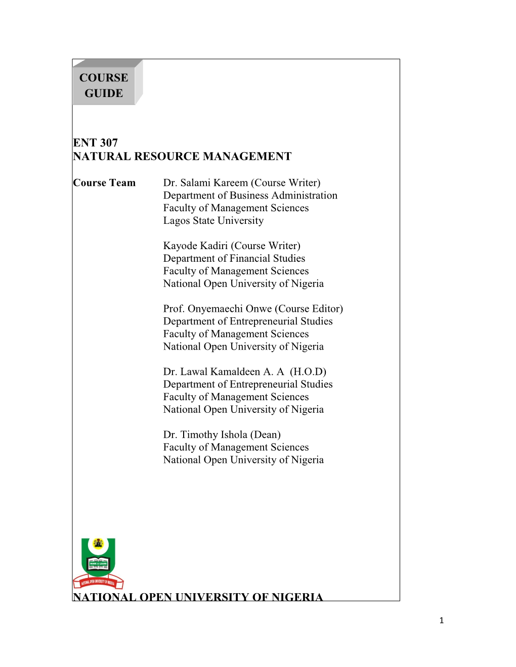 Ent 307 Natural Resource Management