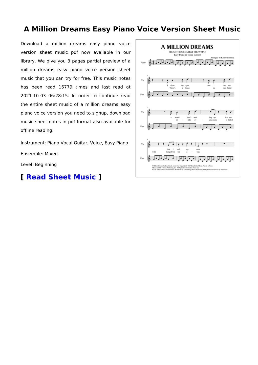 A Million Dreams Easy Piano Voice Version Sheet Music DocsLib