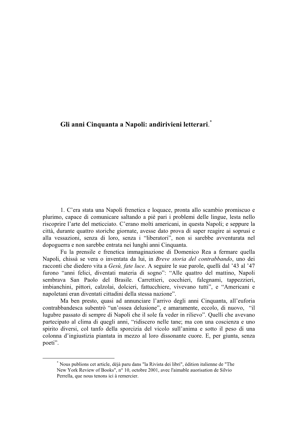 Gli Anni Cinquanta a Napoli: Andirivieni Letterari.*