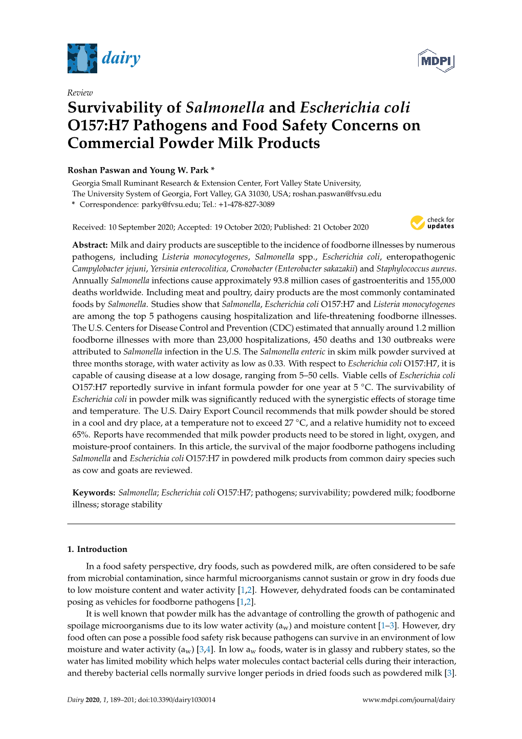 Survivability of Salmonella and Escherichia Coli O157:H7 Pathogens and Food Safety Concerns on Commercial Powder Milk Products