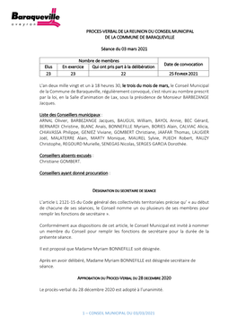 Proces-Verbal De La Reunion Du Conseil Municipal De La Commune De Baraqueville