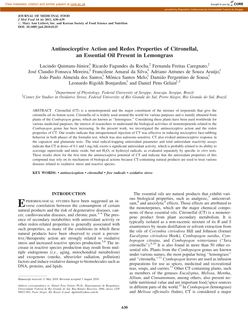 Antinociceptive Action and Redox Properties of Citronellal, an Essential Oil Present in Lemongrass