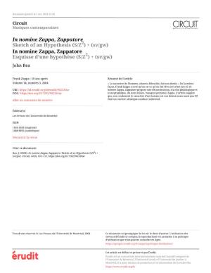 In Nomine Zappa, Zappatore Sketch of an Hypothesis (S/Z2) + (Sv/Gw) in Nomine Zappa, Zappatore Esquisse D’Une Hypothèse (S/Z2) + (Sv/Gw) John Rea