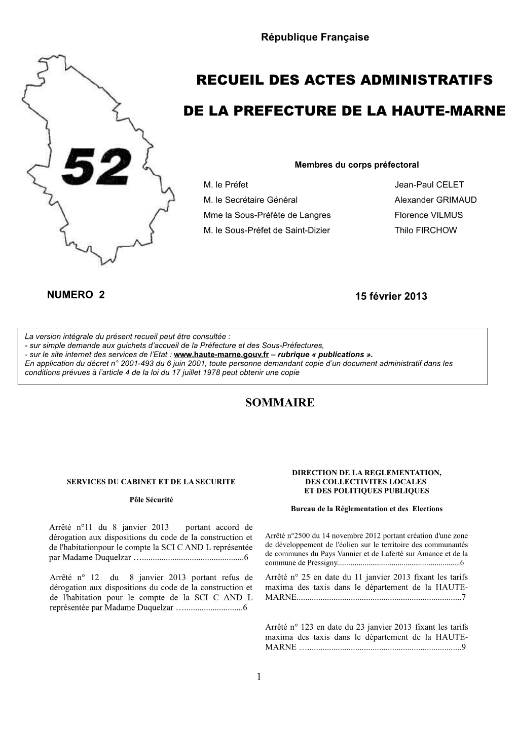 Recueil Des Actes Administratifs De La Préfecture De La Haute-Marne
