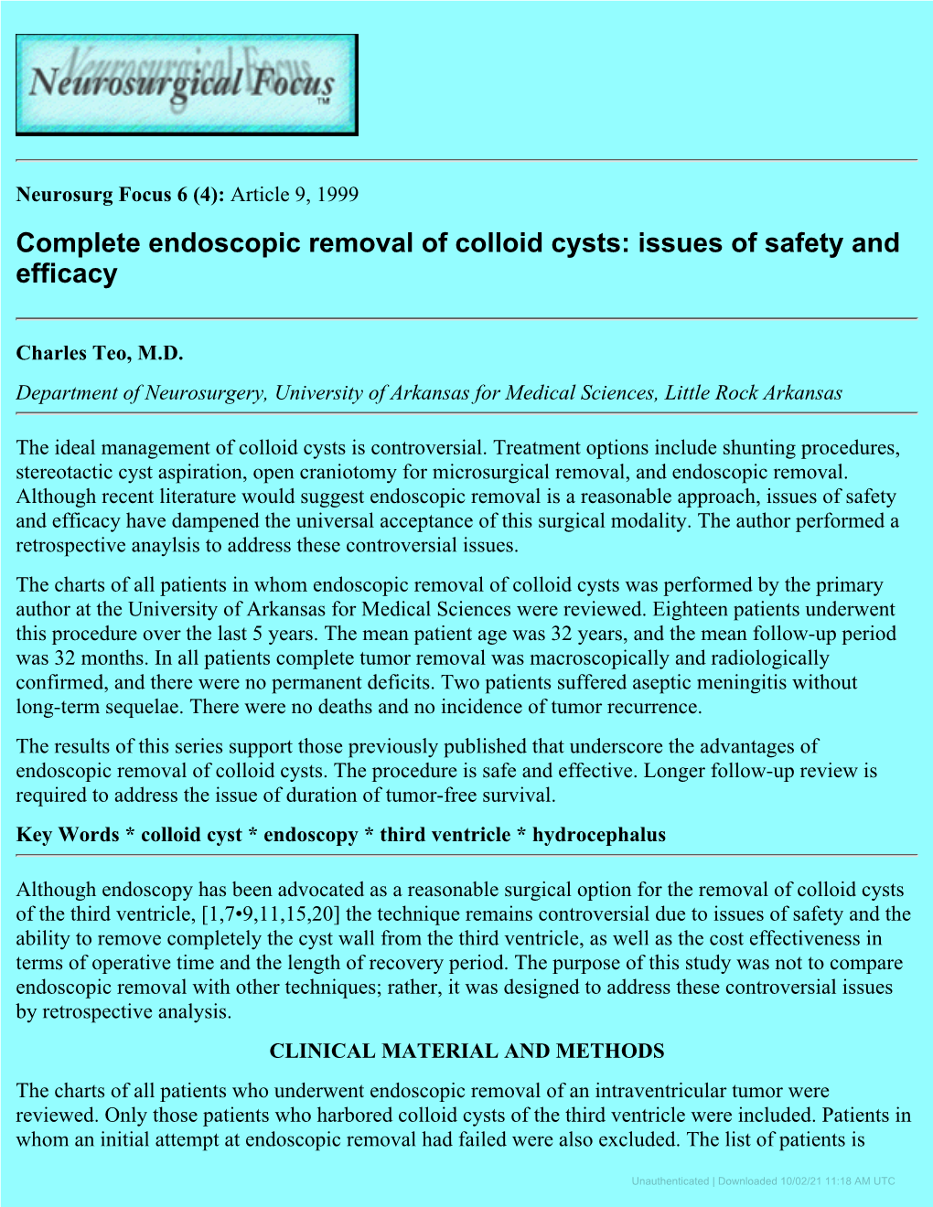 Complete Endoscopic Removal of Colloid Cysts: Issues of Safety and Efficacy