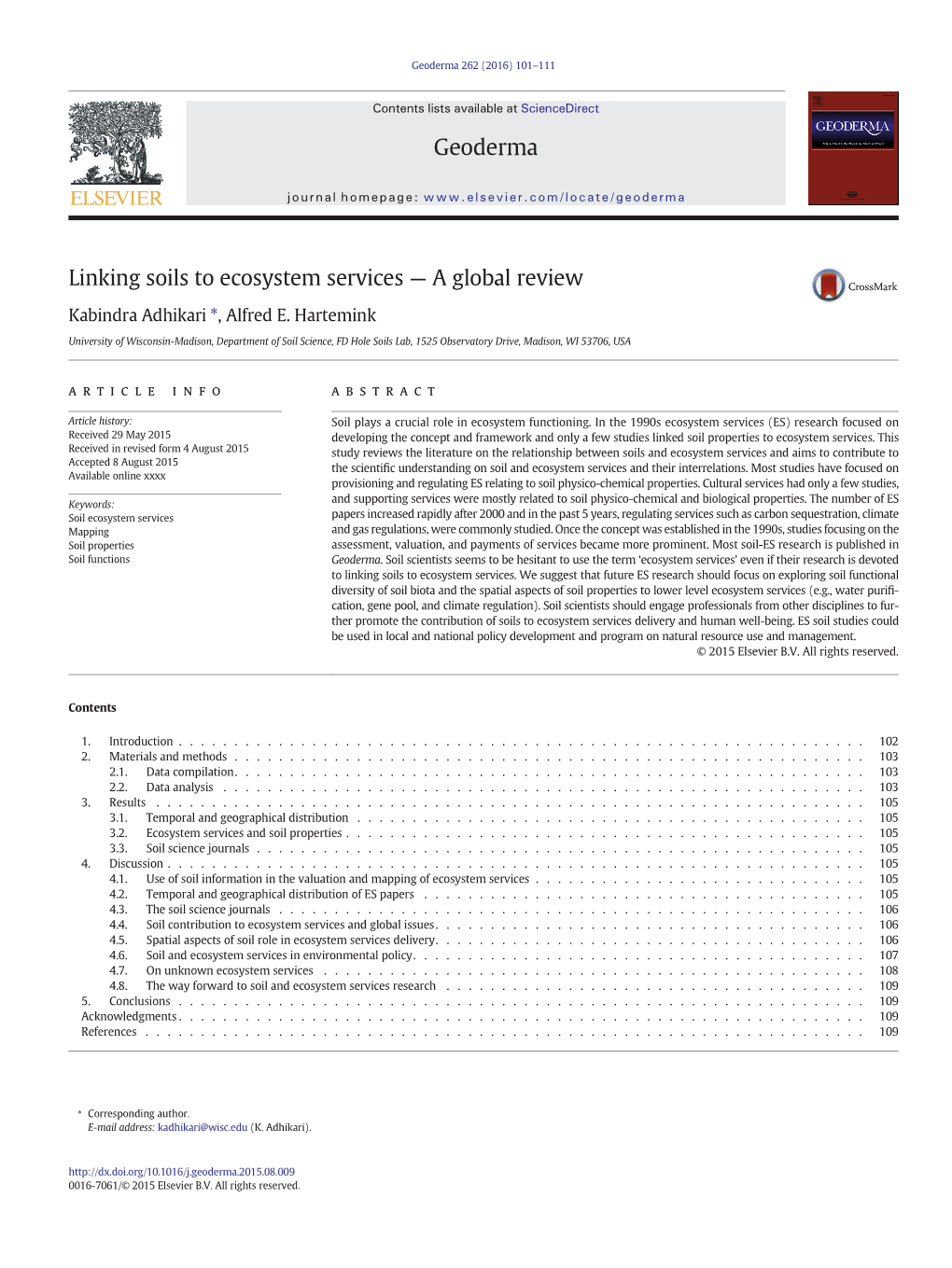 Linking Soils to Ecosystem Services — a Global Review Geoderma