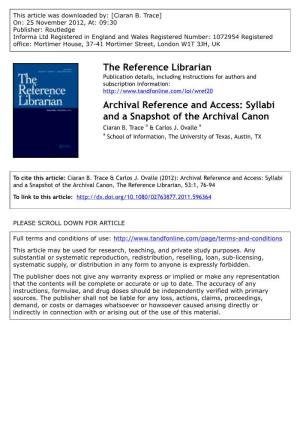 Archival Reference and Access: Syllabi and a Snapshot of the Archival Canon Ciaran B