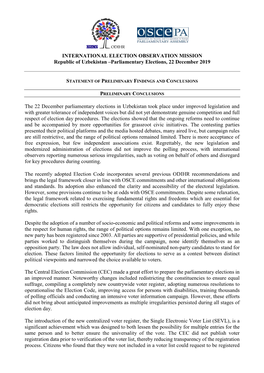 INTERNATIONAL ELECTION OBSERVATION MISSION Republic of Uzbekistan –Parliamentary Elections, 22 December 2019