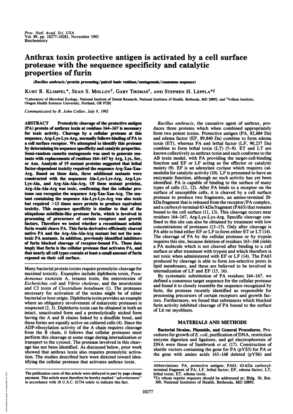 Anthrax Toxin Protective Antigen Is Activated by a Cell Surface Protease