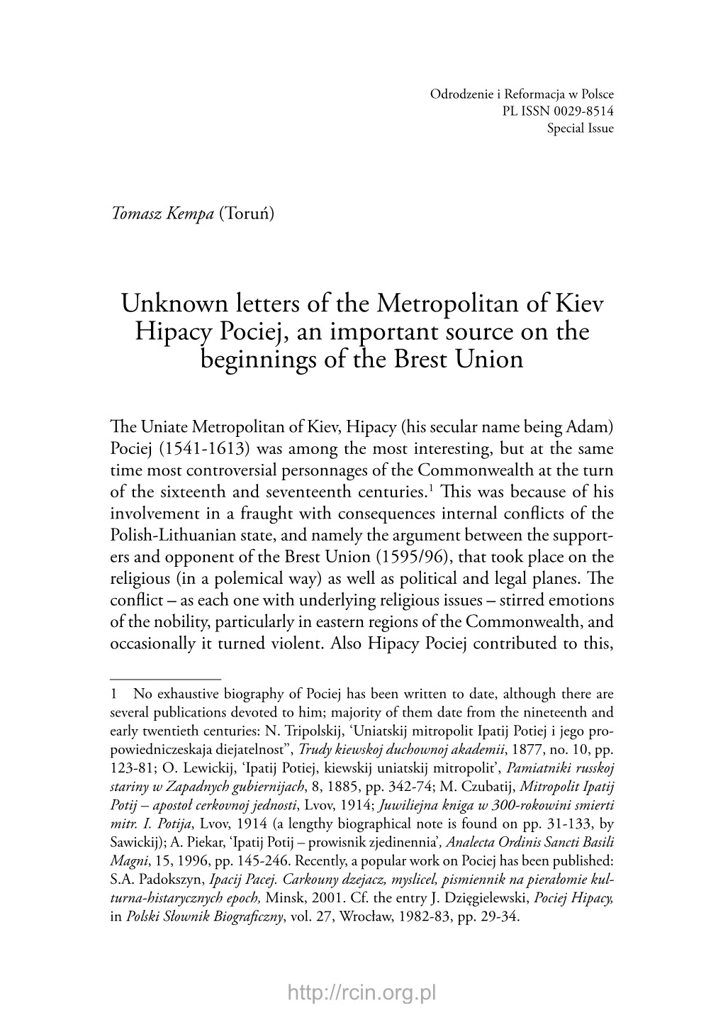 Unknown Letters of the Metropolitan of Kiev Hipacy Pociej, an Important Source on the Beginnings of the Brest Union