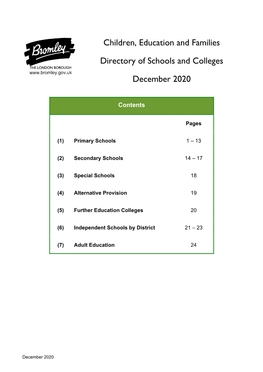 Children, Education and Families Directory of Schools and Colleges December 2020
