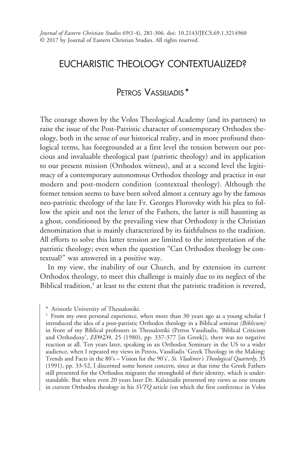 Eucharistic Theology Contextualized? Petros Vassiliadis