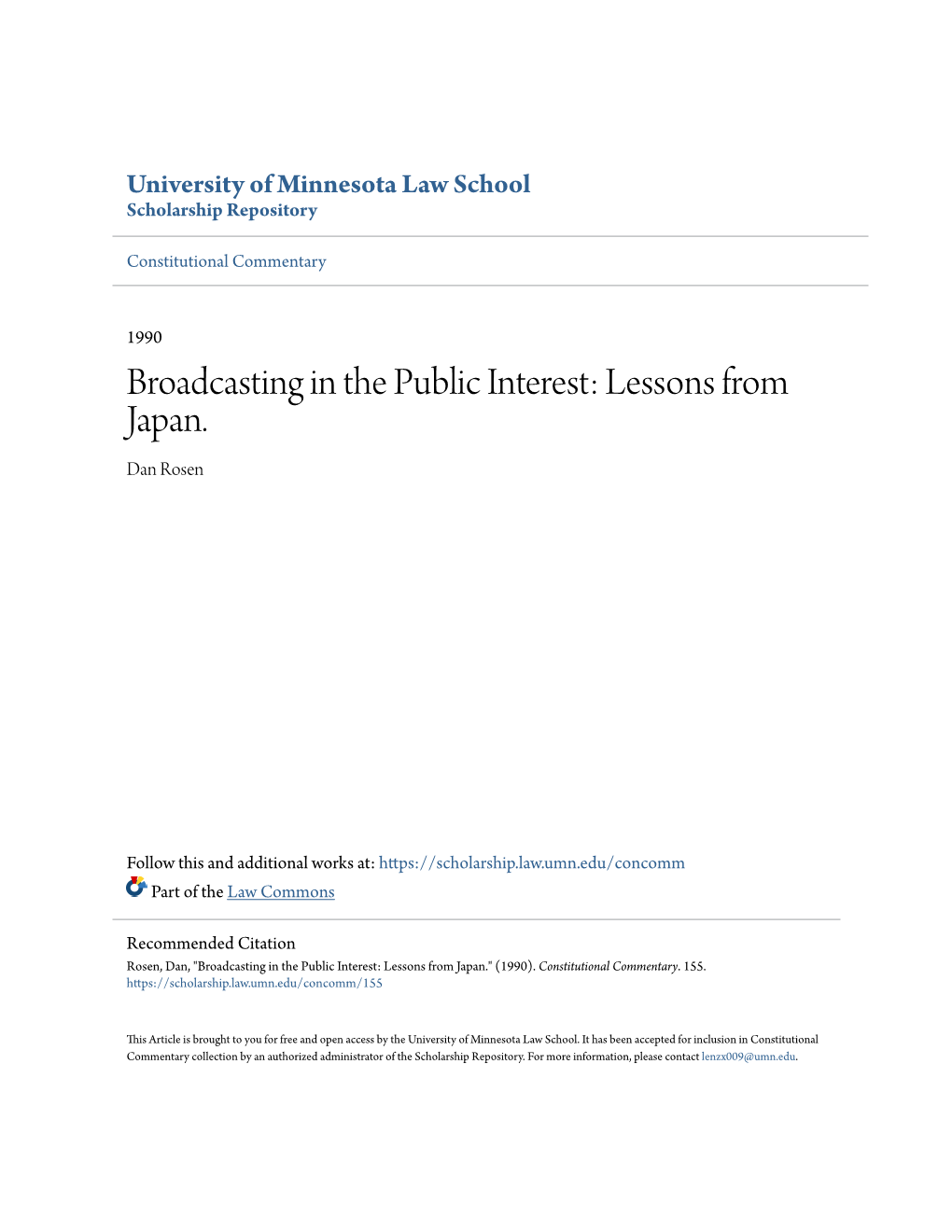 Broadcasting in the Public Interest: Lessons from Japan. Dan Rosen