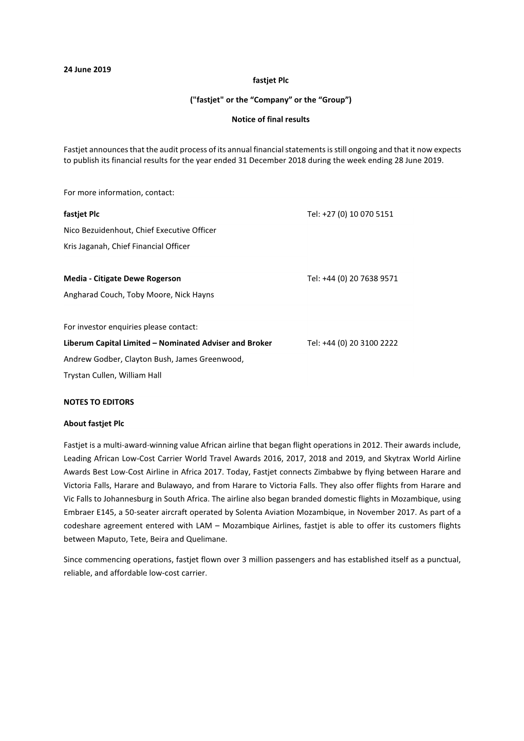 24 June 2019 Fastjet Plc (