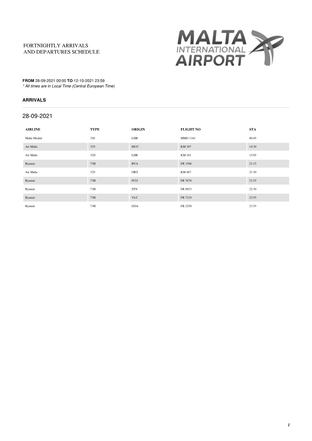 Fortnightly Arrivals and Departures Schedule