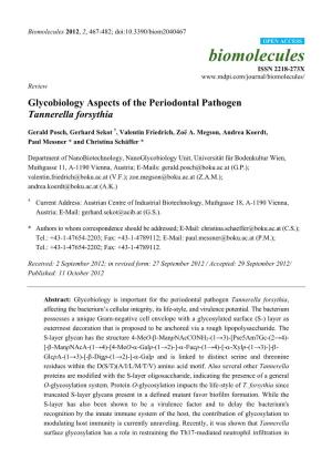 Glycobiology Aspects of the Periodontal Pathogen Tannerella Forsythia
