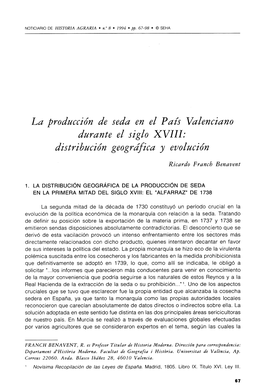 La Producción De Seda En El País Valenciano Durante El Siglo XVIII: Distribución Geográfica Y Evolución