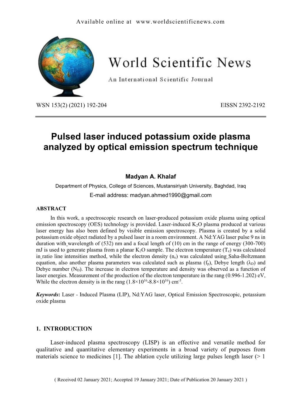 Pulsed Laser Induced Potassium Oxide Plasma Analyzed by Optical Emission Spectrum Technique