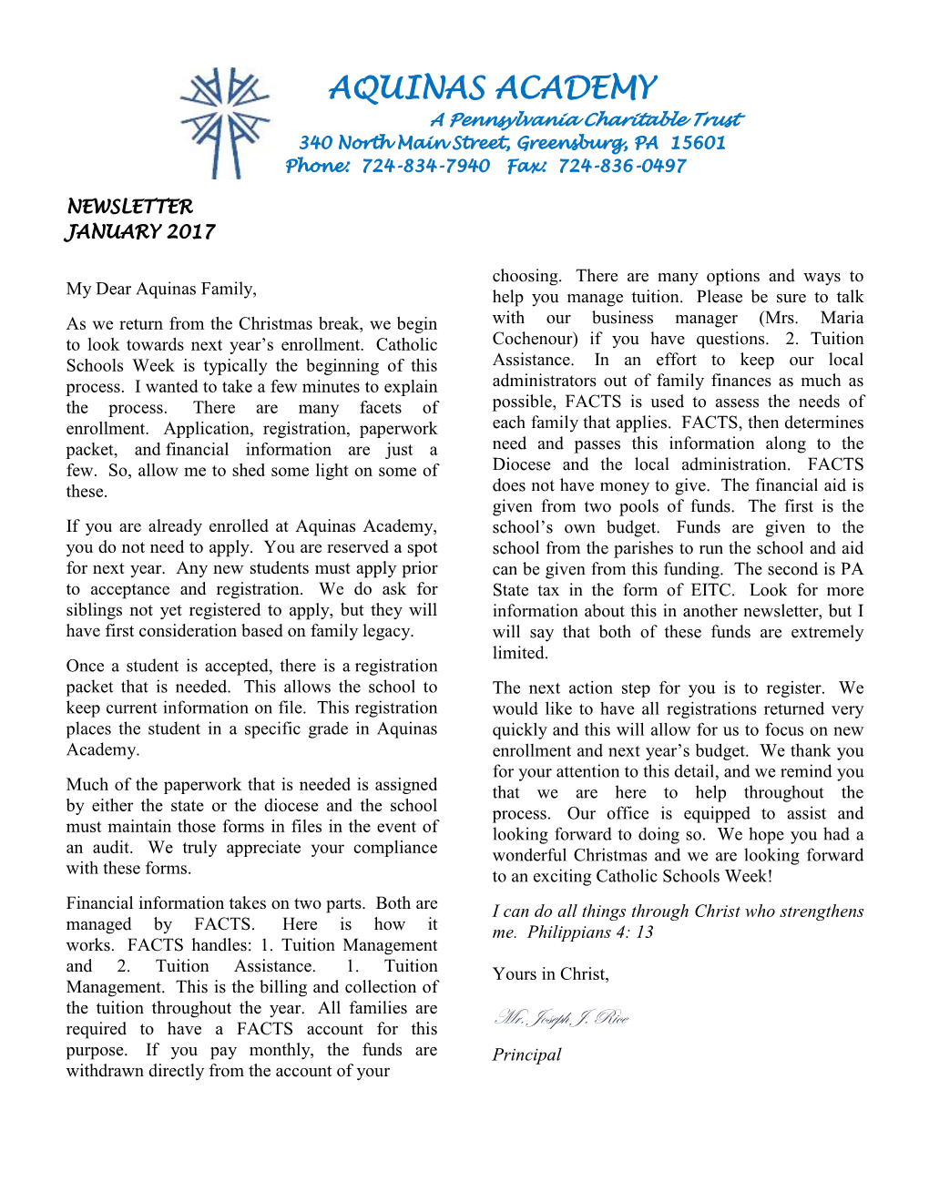 AQUINAS ACADEMY a Pennsylvania Charitable Trust 340 North Main Street, Greensburg, PA 15601 Phone: 724-834-7940 Fax: 724-836-0497