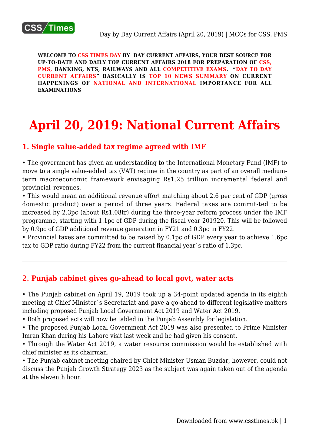 Day by Day Current Affairs (April 20, 2019) | Mcqs for CSS, PMS