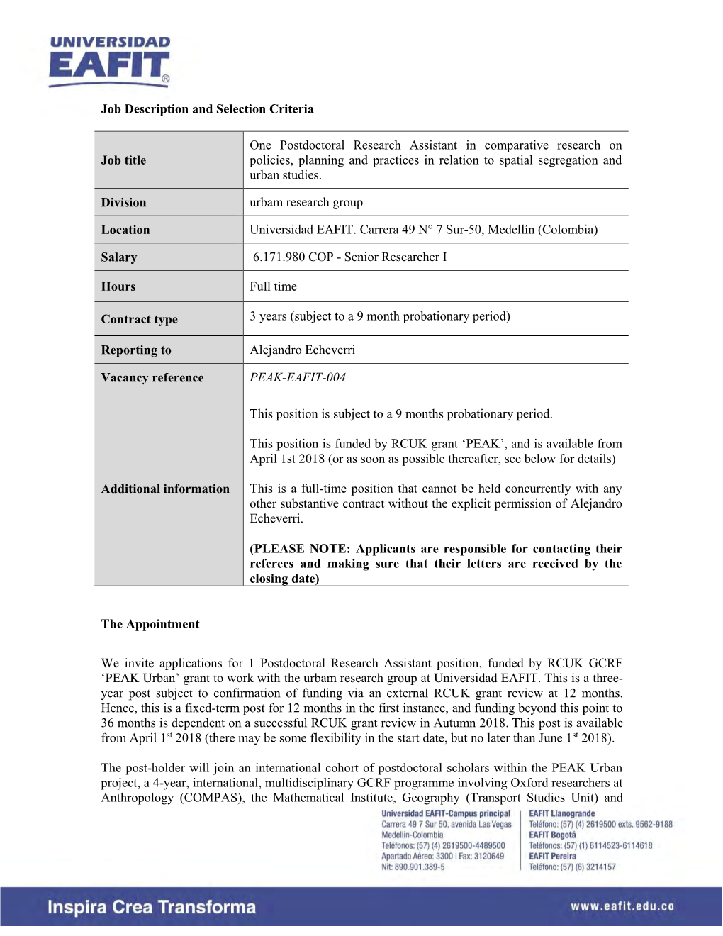 Job Description and Selection Criteria Job Title One Postdoctoral Research