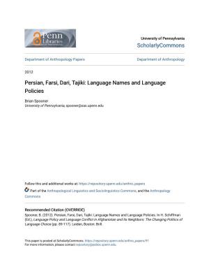 Persian, Farsi, Dari, Tajiki: Language Names and Language Policies
