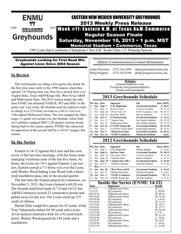 EASTERN NEW MEXICO UNIVERSITY GREYHOUNDS 2013 Weekly Press Release Week #11: Eastern N.M. at Texas A&M-Commerce Regular Seas