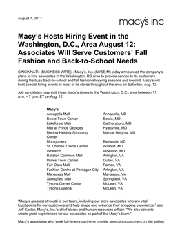 Macy's Hosts Hiring Event in the Washington, DC, Area