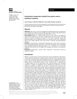 Review Antimalarial Compounds Isolated from Plants Used In