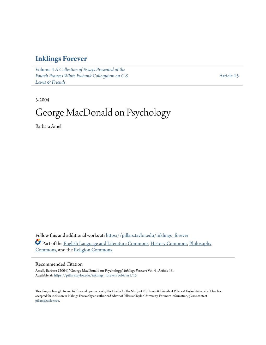 George Macdonald on Psychology Barbara Amell