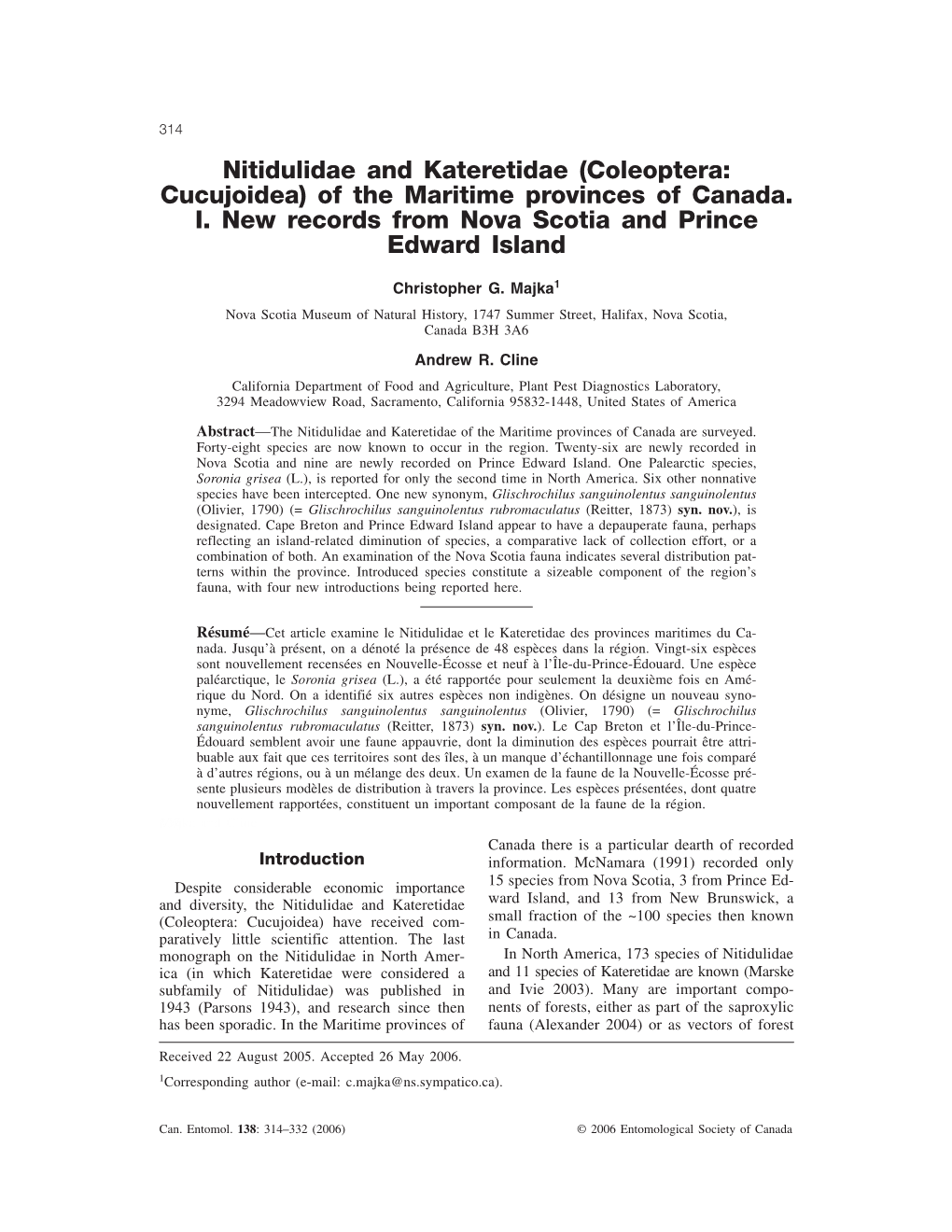 Nitidulidae and Kateretidae of the Maritime Provinces of Canada Are Surveyed