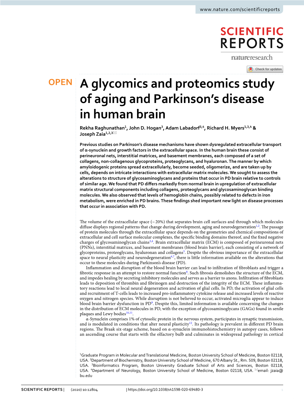 A Glycomics and Proteomics Study of Aging and Parkinson's Disease In