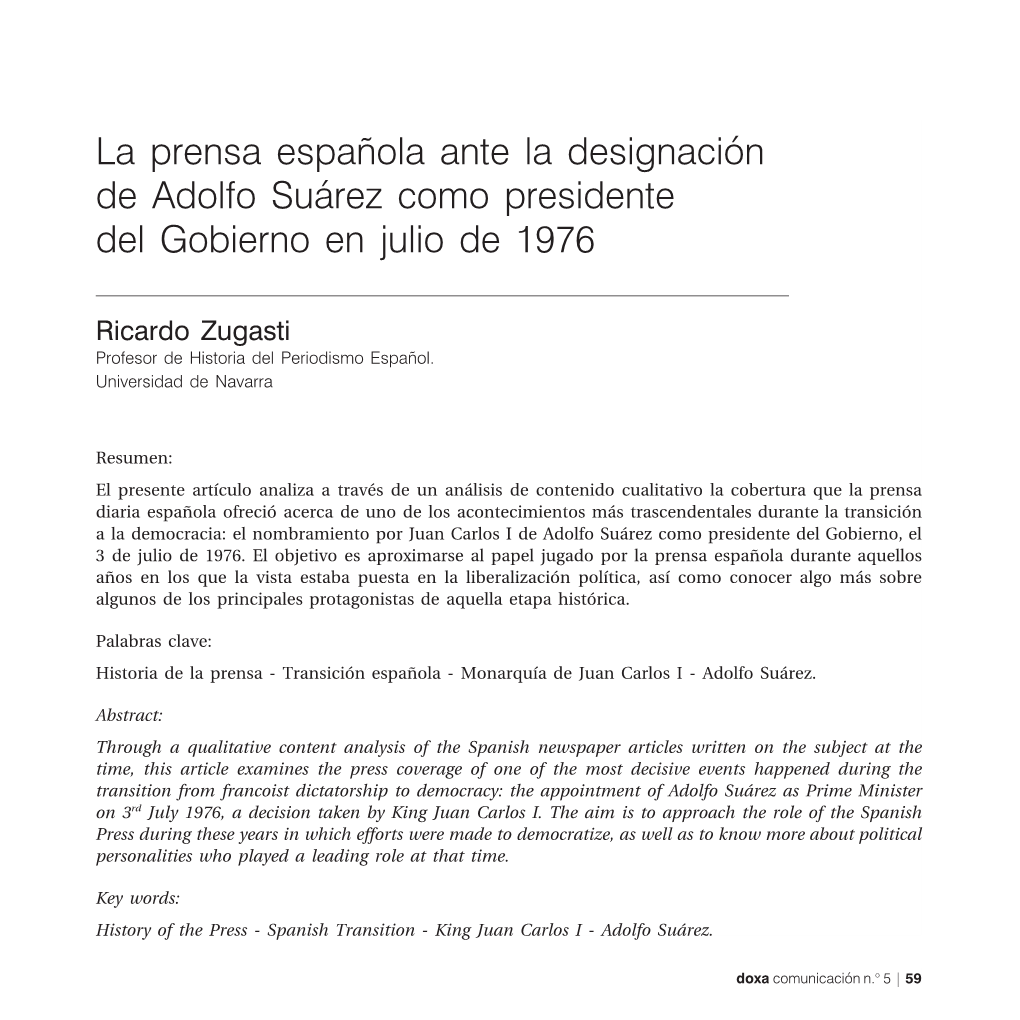 La Prensa Espan˜Ola Ante La Designación De Adolfo Suárez