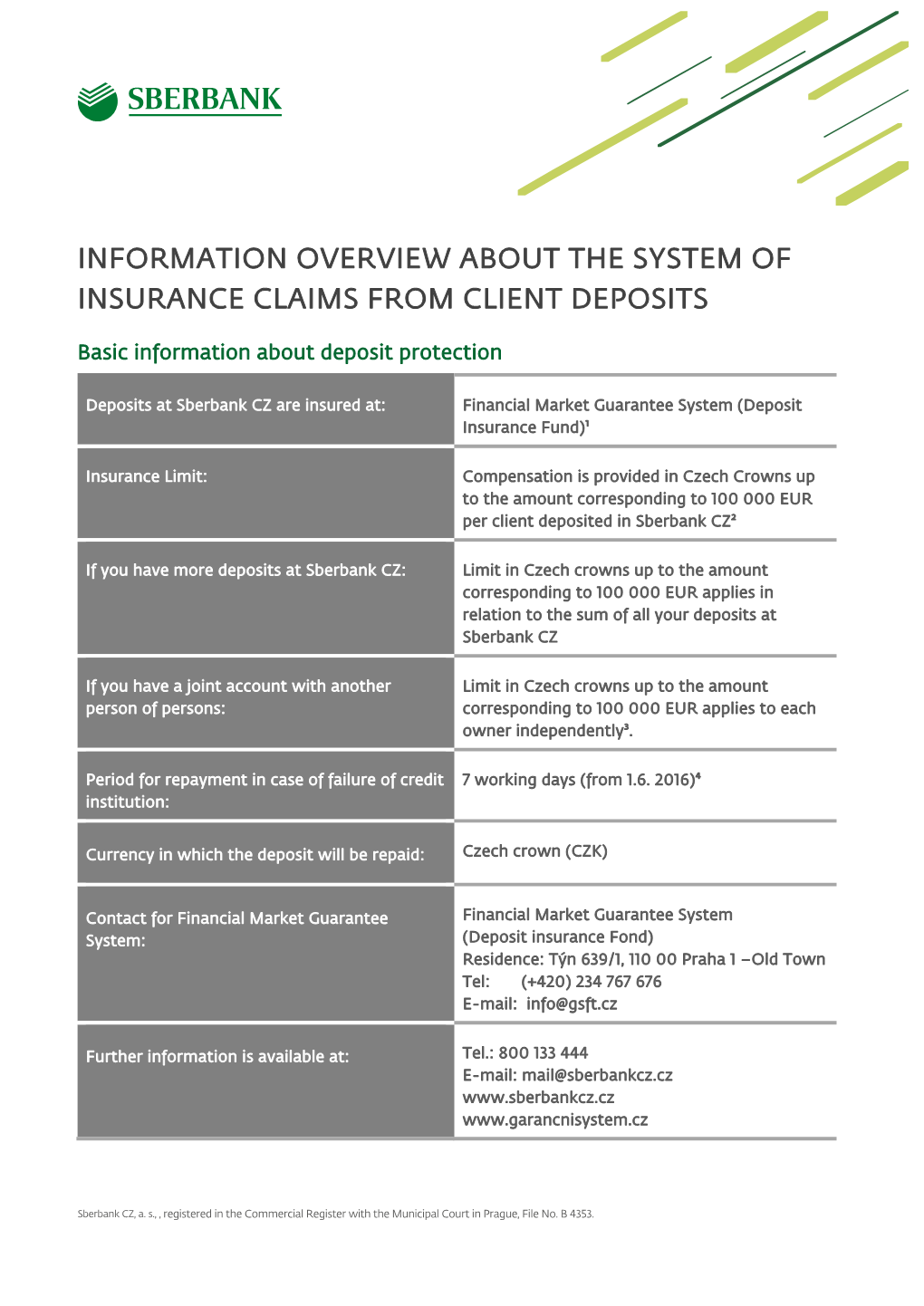 Information Overview About the System of Insurance Claims from Client Deposits