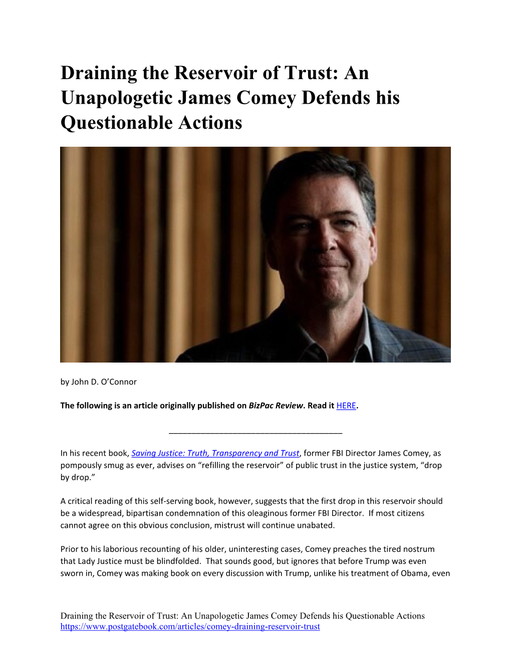 Draining the Reservoir of Trust: an Unapologetic James Comey Defends His Questionable Actions