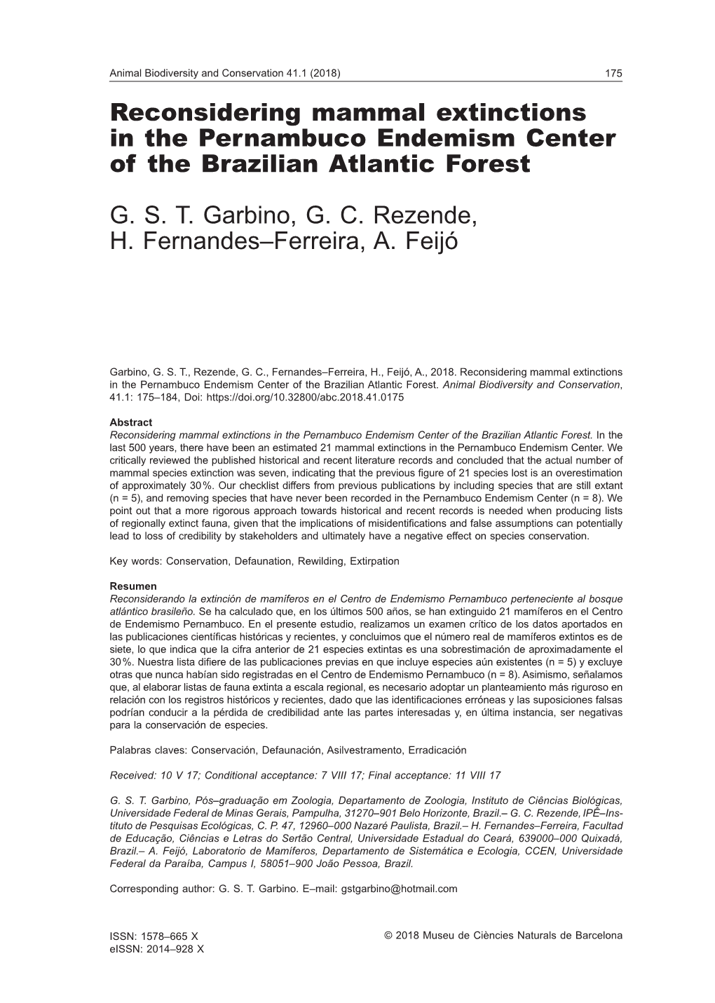 Reconsidering Mammal Extinctions in the Pernambuco Endemism Center of the Brazilian Atlantic Forest