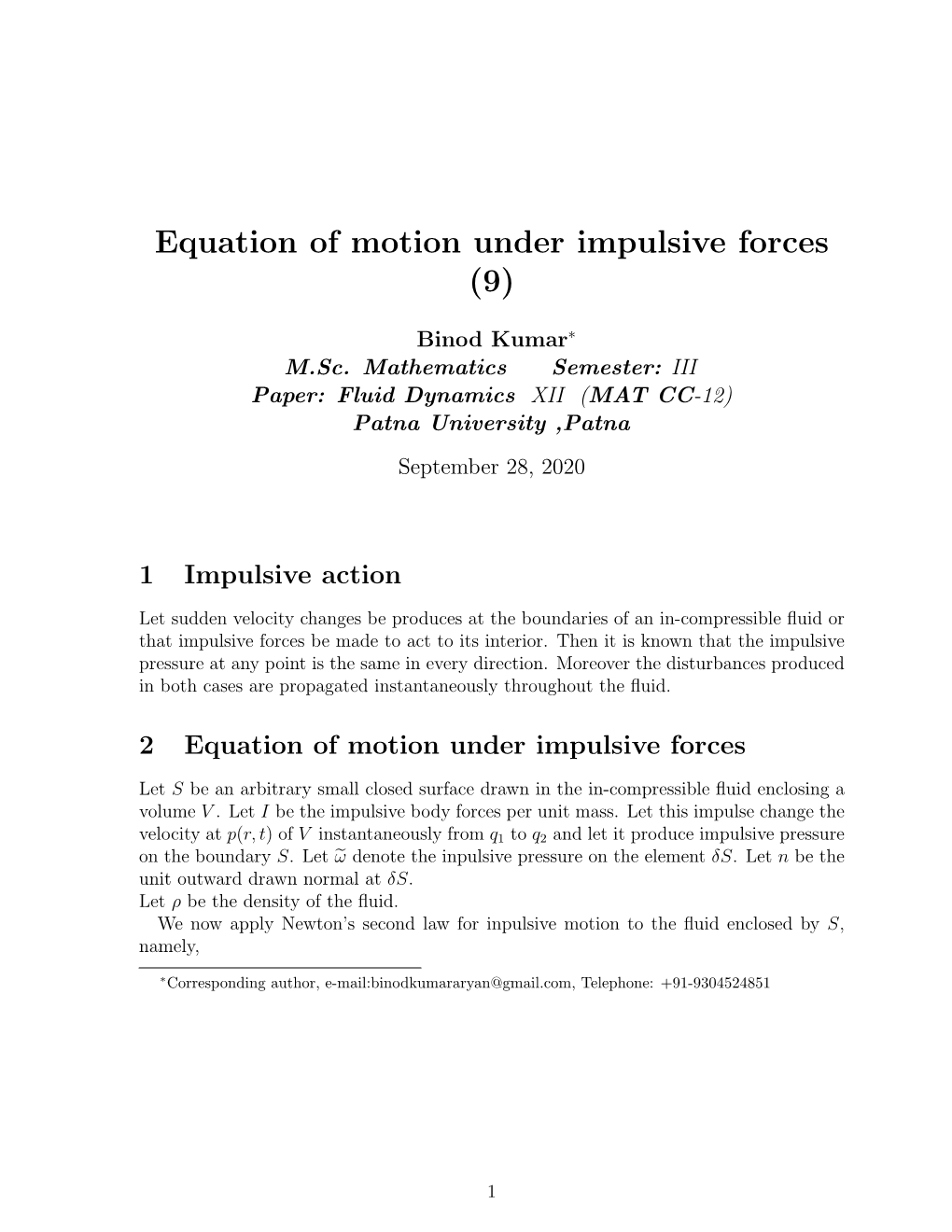 Equation of Motion Under Impulsive Forces (9)