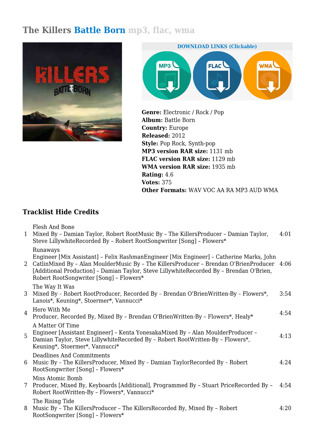 The Killers Battle Born Mp3, Flac, Wma