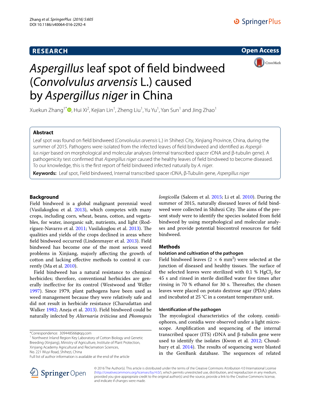 Aspergillus Leaf Spot of Field Bindweed (Convolvulus Arvensis L.) Caused