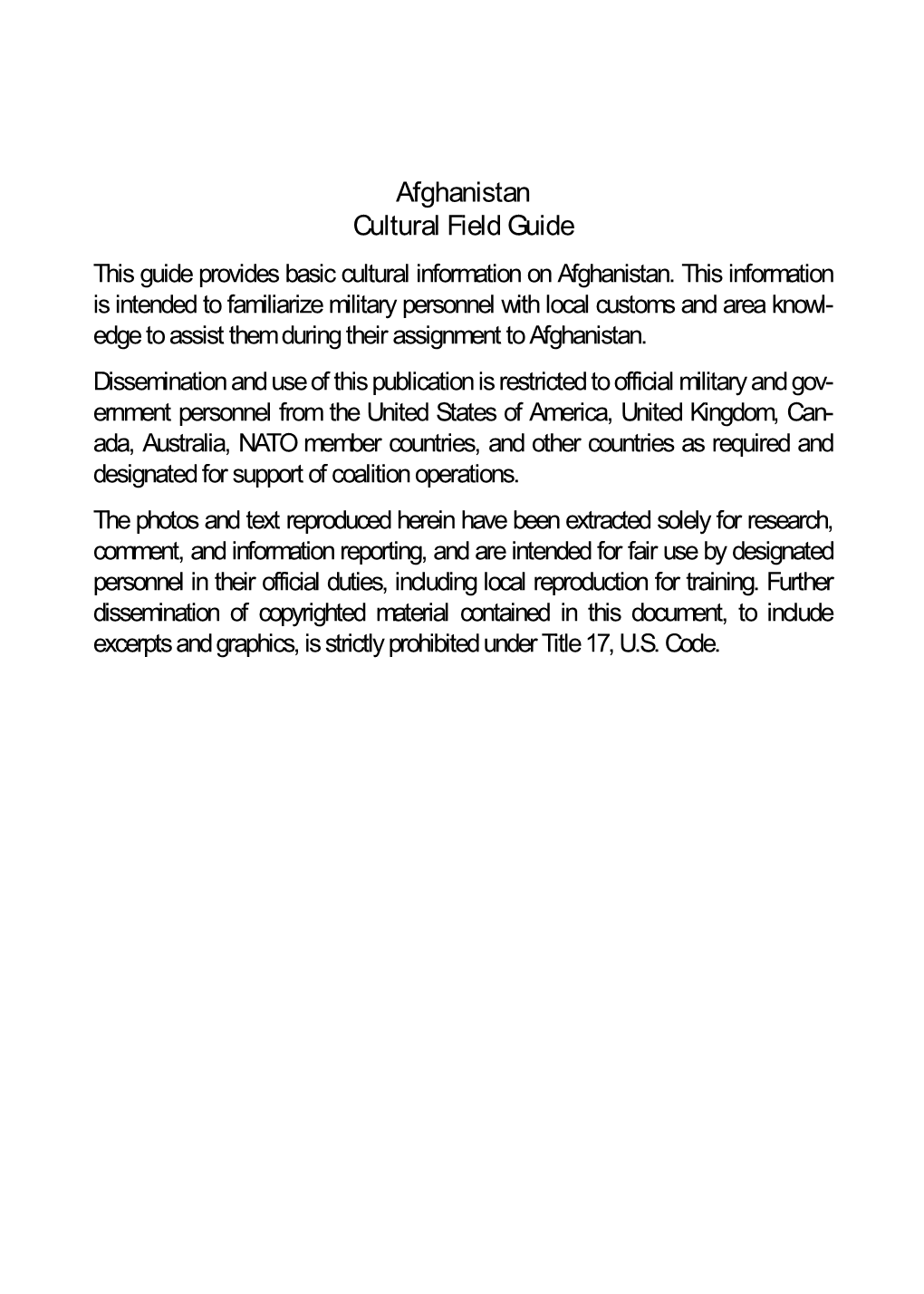 Afghanistan Cultural Field Guide This Guide Provides Basic Cultural Information on Afghanistan