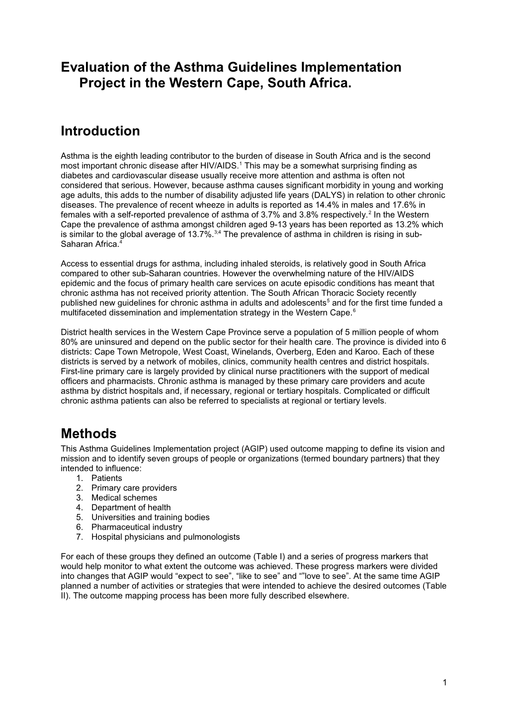 Evaluation of the Asthma Guidelines Implementation Project in the Western Cape, South Africa