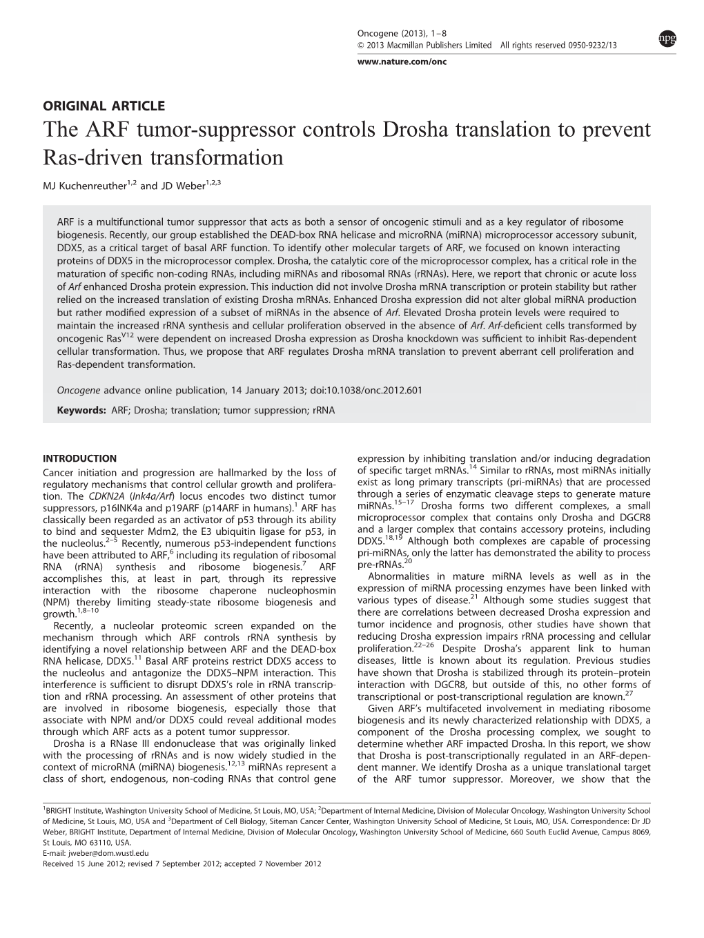 The ARF Tumor-Suppressor Controls Drosha Translation to Prevent Ras-Driven Transformation