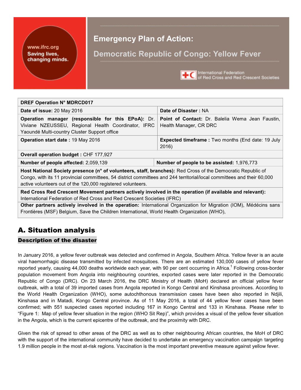 Emergency Plan of Action: Democratic Republic of Congo: Yellow Fever