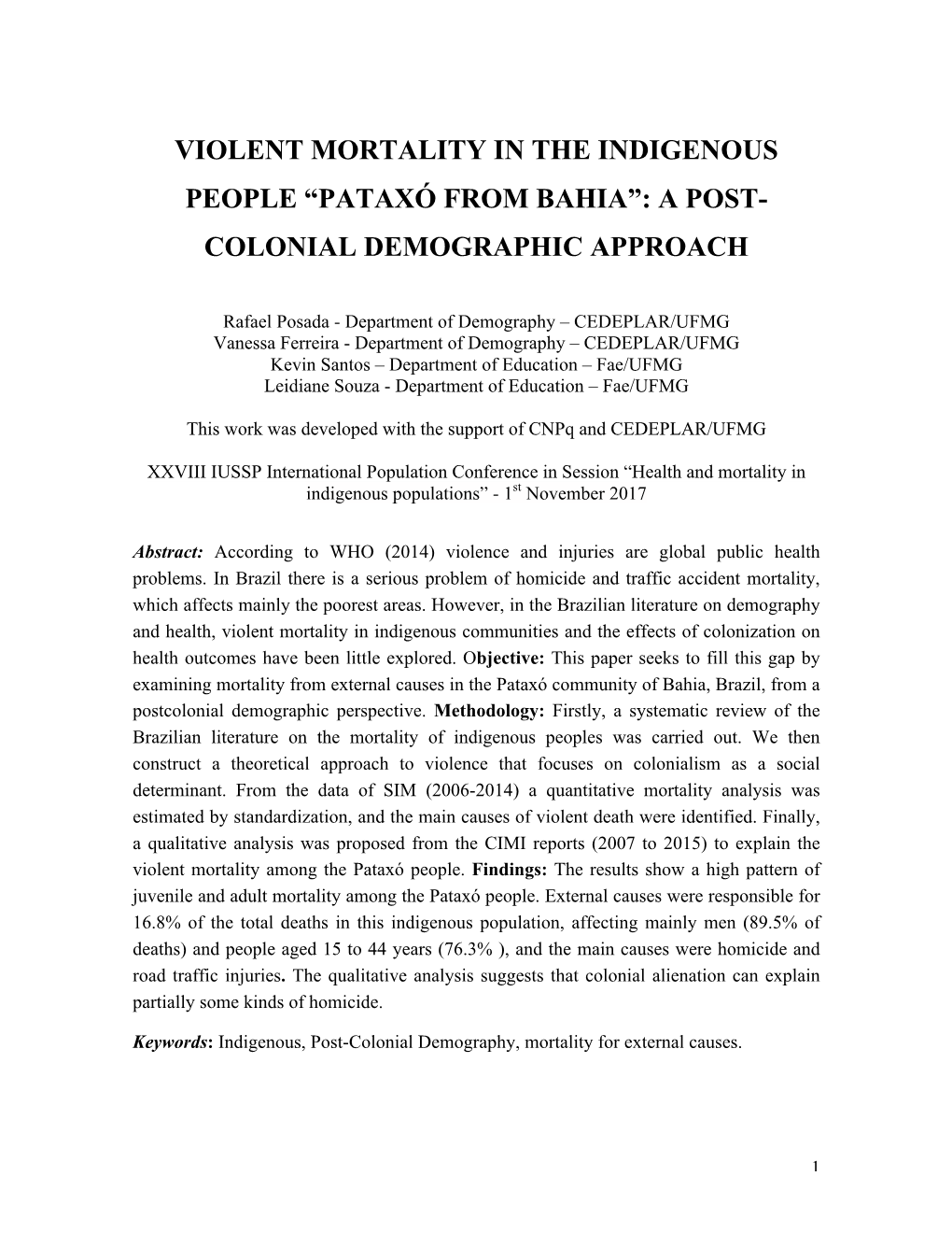 Pataxó from Bahia”: a Post- Colonial Demographic Approach