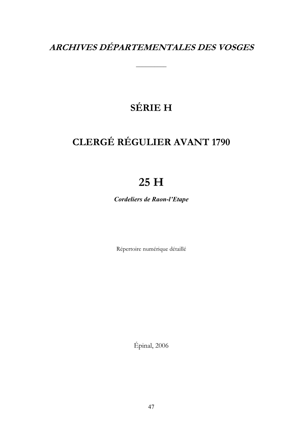 Série H Clergé Régulier Avant 1790